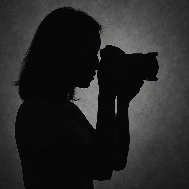 Siluet jurugambar Focus & Flash memegang kamera